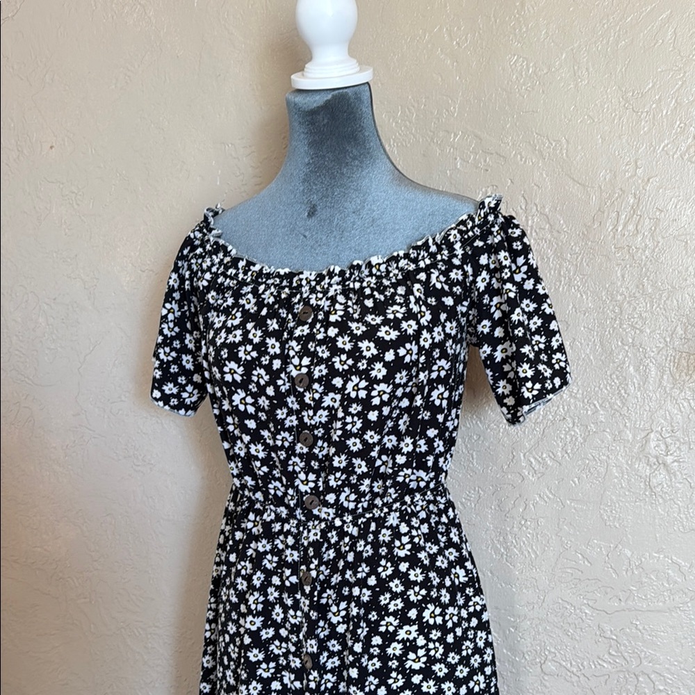 Floral Black and White Off-Shoulder Dress